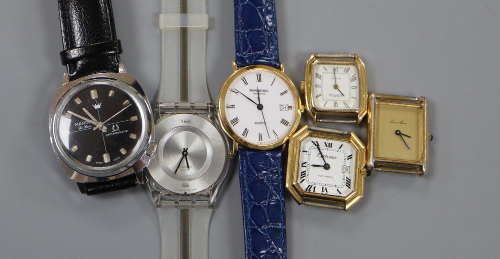 Six assorted wrist watches including Raymond Weil and Roamer.